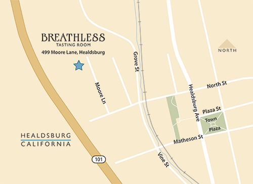 Map showing the location of the Breathless Tasting Room