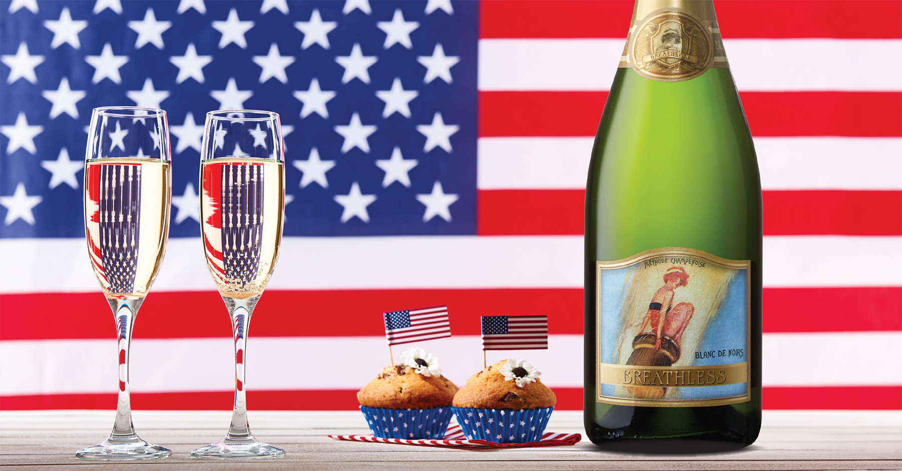 Breathless Wines Fourth of July bottle image, flag, glasses and cupcakes