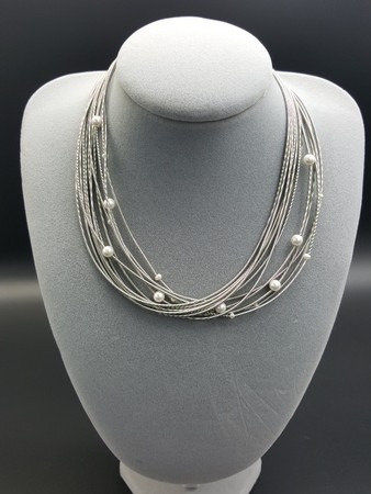 Silver Piano Wire Necklace with Pearls