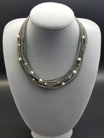 Slate Piano Wire Necklace with Pearls