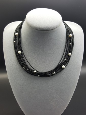 Black Piano Wire Necklace with Pearls