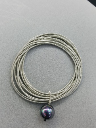 Black Pearl Silver Piano Wire Bracelet