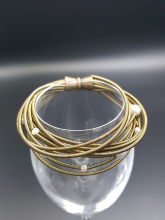 Gold Piano Wire Bracelet with Pearls
