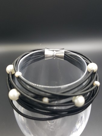 Black Piano Wire Bracelet with Pearls