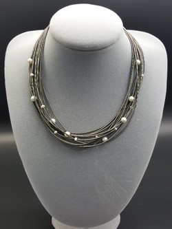 Slate Piano Wire Necklace with Pearls